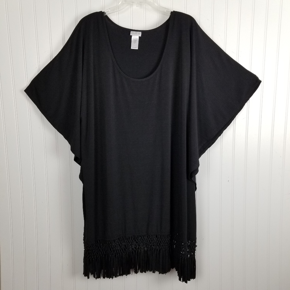Dotti Womens Mini Dress Braided Fringe Hem Scoop Neck Black Cover Up Tunic Sz 2X - Picture 9 of 10